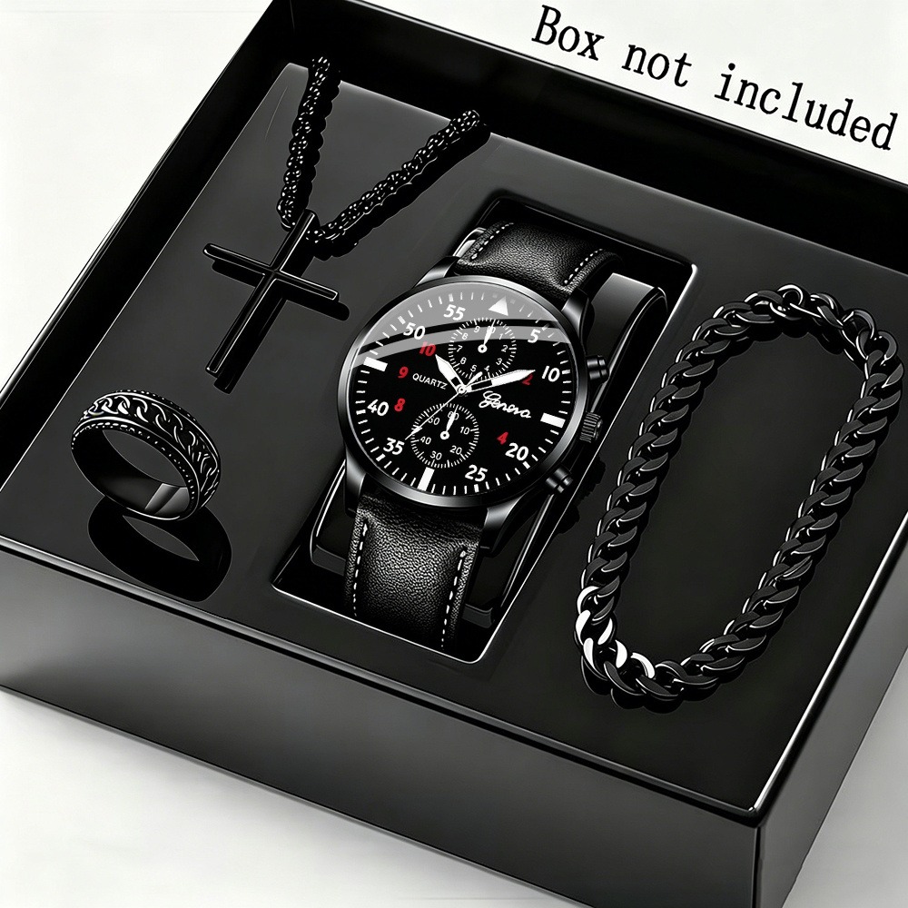 Men Accessories Ring And Bracelet - Elegante 4-delige herenhorloge- en modeaccessoireset -